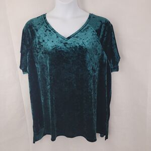 ELLOS Womens Top Plus  2X Shirt Jewel GREEN Crushed Velvet Holiday Fairy Grunge